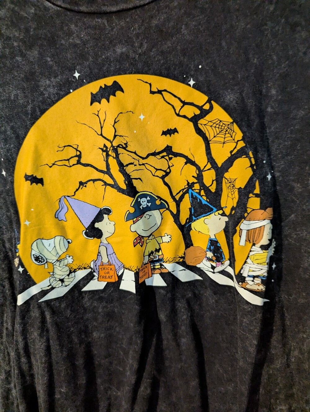 Peanuts Acid-wash Black Short-Sleeve Halloween Graphic Tee Size M Yellow Moon - Picture 5 of 6